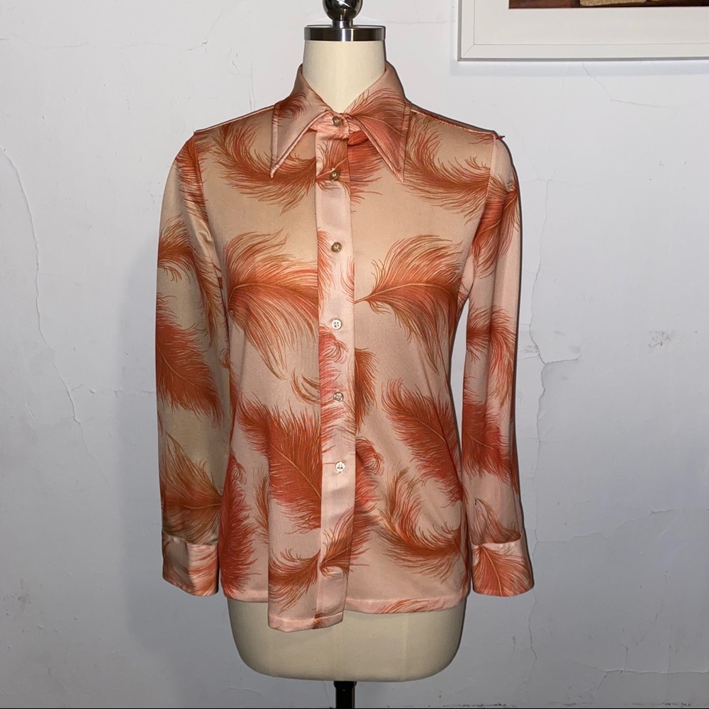 Vintage 70s orange feather print button down blouse